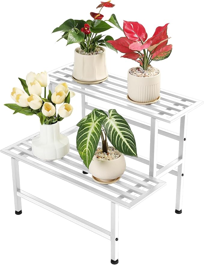 Dipion Metal Plant Stand Outdoor Plant Shelf Indoor,2 Tier Heavy Duty Ladder Plant Stands for Multiple Plants,26" L x 20.25" H x 17.75" W,White