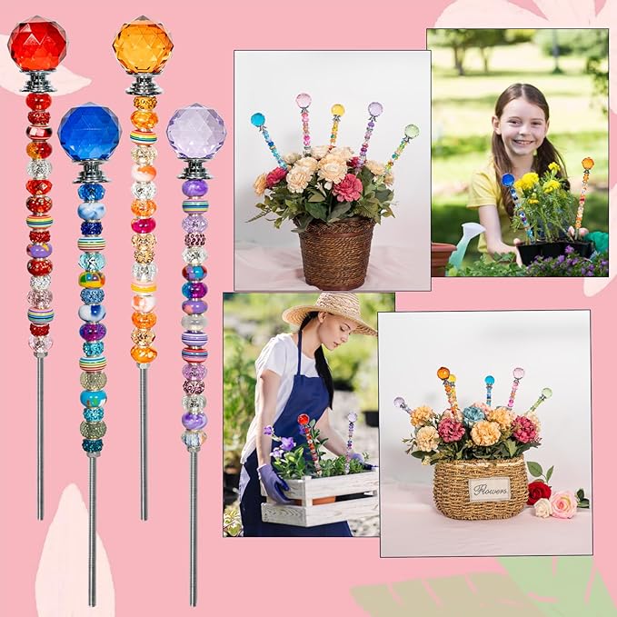 230 Pcs Beaded Garden Stakes Kit DIY Fairy Wands for Garden with 10 Colorful Crystal Stopper Top 200 Assortment Round Large Hole Bead for Outdoor Decor (10, Colorful Spherical)