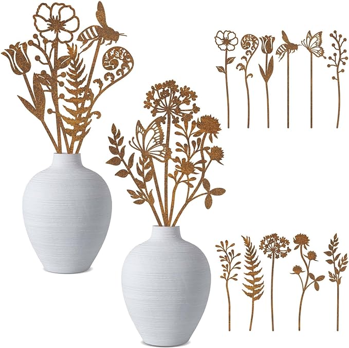 Metal Flowers for Outside, Rusty Plant Shaped Decoration, Rustic Decorative Garden Stakes, Metal Art for Outside, Flower Arrangement Potted Plants Outdoor Lawn Yard Courtyard Art (11pcs)