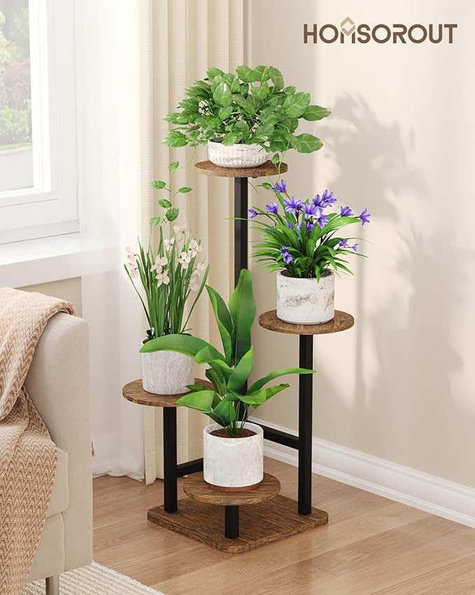 Homsorout Plant Stand Indoor - 4 Tiered Indoor Plant Stand, Metal Plant Shelf Plant Holder, Ideal for Living Room, Garden, Patio, Balcony (Black Brown)