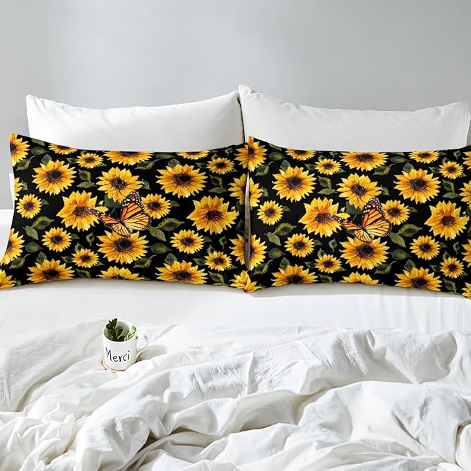 Feelyou Sunflower Bed Sheets Set Queen Girls Yellow Floral Butterfly Sheet Set for Kids Women Bedroom Chic Flowers Pattern Bedding Set Botanical Nature Bedding Ultra Soft Twin Size with 2 Pillow Case