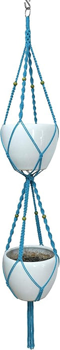 Macrame Plant Hanger & Holder, Hanging Planter 4 Legs Double Deck for 8 inch to 10 inch Two Pots Indoor Outdoor Hanging Planter Cotton Rope 67 Inch with Metal Ring (Cotton-Turquoise)