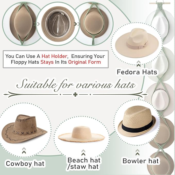 Yulejo Macrame Hat Hangers Boho Hat Rack Cowboy Hat Hanger Back of Door Hat Organizer (Sage Green,Five Hats Style)