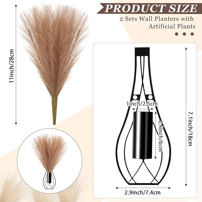 Otoolling 2 Pieces Hanging Plant Wall Decor with Artificial Pampas Grass Metal Hanging Vase Modern Geometric Farmhouse Bohemian Wall Art for Living Room Bedroom Kitchen Office(Black, Light Brown)