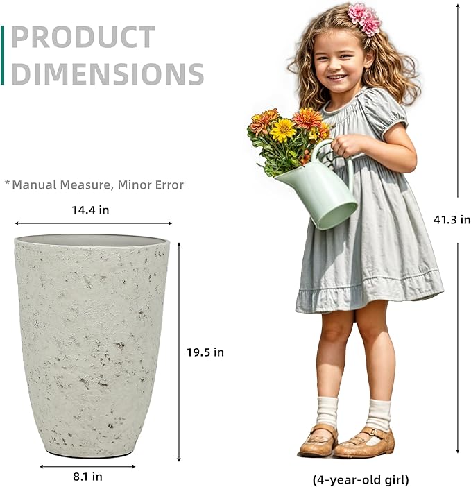 Autodaya 19.5" Resin Tall Planters for Outdoor Plants, Set of 2 Country White Large Flower Pots with Handmade Birch Bark Texture, Heavy-Duty and Weather-Resistant for Year Round Indoor Outdoor use
