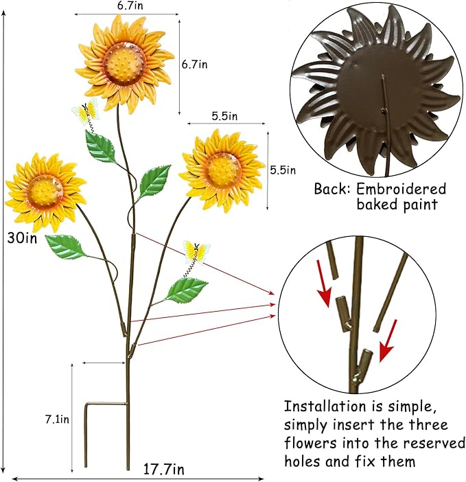 Metal Flowers for Outside, 30-Inch Iron Sunflower Garden Stakes Set of 2, Metal Yard Art Outdoor and Garden, Decorative Garden Stakes for Patio & Lawn Decor (Yellow)