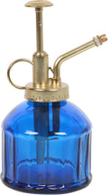 Vintage Blue Glass Plant Mister - Indoor Garden Enthusiast Gift, Gold Metal Pump Spray