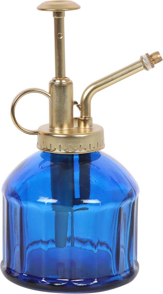 Vintage Blue Glass Plant Mister - Indoor Garden Enthusiast Gift, Gold Metal Pump Spray