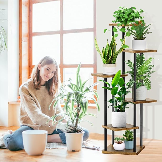 6 Tier Plant Stand Indoor, Thickened Metal Wood Corner Plant Shelf Stands for Multiple Plants, Indoor Tall Plants Stand Tiered Flower Holder for Living Room Patio Garden Balcony(Black+Brown)