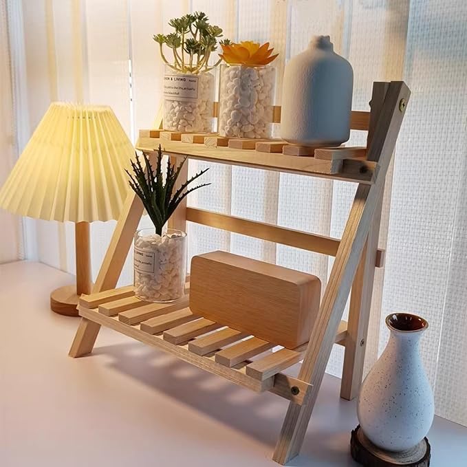 2 Tiers Plant Stand Bamboo, Tabletop Bamboo Succulent Plant Stand for Window Sill Plant Shelf, Rack Flower, Pot Holder, Desk Tiered Succulent Pot Holder(Green)