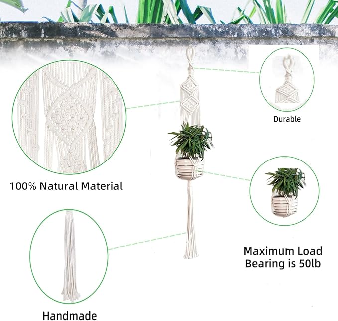 PEN&H Wall Macrame Plant Hanger Set of 5, Handmade Cotton Rope Planters Flowers Hanger, Bohemian Style Hanging Plants Holder for Indoor Outdoor Decoration Creamy White (POTS NOT Included)