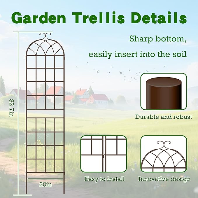 LZRS 2 Pack 83x20in Rustic Iron Arch Decoration Garden Trellis with Black Metal Coating – Perfect for Supporting Climbing Plants Outdoor, Roses, Vines, Flowers, and Vegetables,Brown