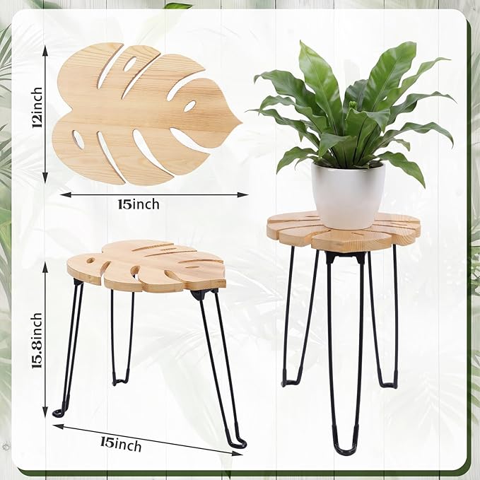Gerrii Monstera Leaf Small Side Tables Tall Plant Stand Indoor Monstera Leaf End Table Wooden Folding Stool for Large Plants Living Room Bedroom Apartment Balcony Yard Indoor, 15.8" x 12" x 15"
