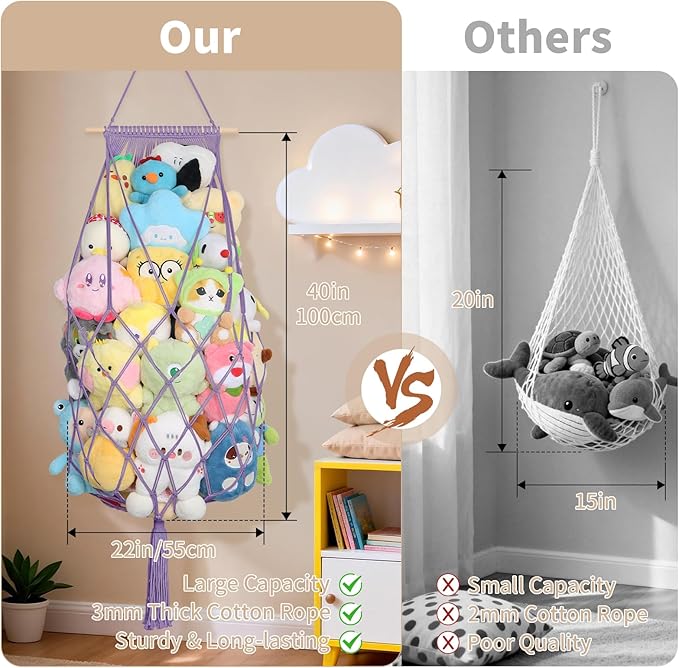 Stuffed Animal Storage Hammock Corner, 70 Inch Jumbo Macrame Stuffed Animal Net Toy Hammock, Wall Ceiling Hanging Plushies Teddy Bear Storage Organizer for Kid Boho Nursery Decor Gift (Purple)