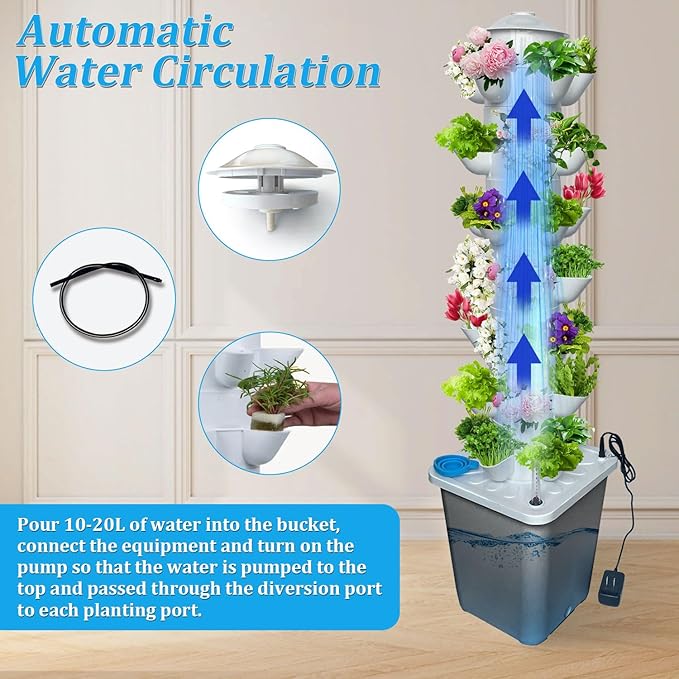 35 Pots Hydroponic Tower, Hydroponics Growing System Tower, Vertical Tower Planter, Pump Tower with Timer Automatic Watering, Irrigation Pump and Movable Water Tank, for Hydroponic Lovers, Grey