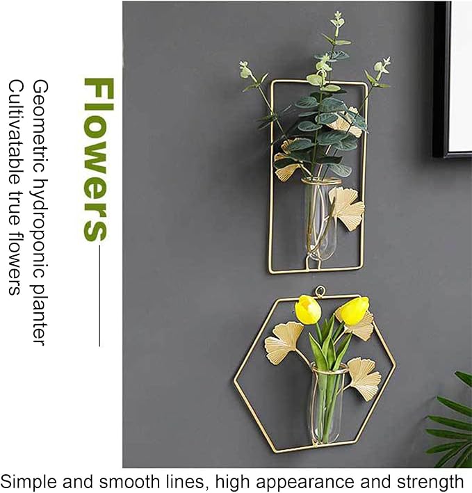 Hanging Gold Wall Decor Flower Tubes Geometric Metal Vase Hydroponic Planter with Leaf Decoration Wall-Mounted Nordic Vase for Displaying Dried Flowers & Fake Flowers (Rectangle)