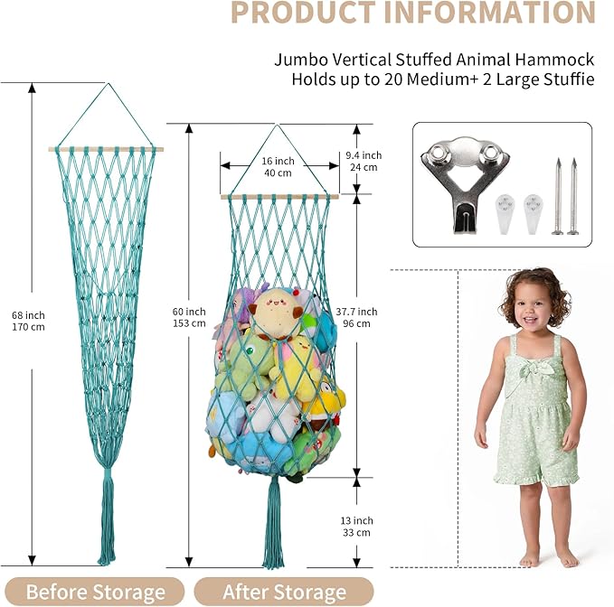 68 Inch Stuffed Animal Storage, Jumbo Macrame Stuffed Animal Hammock Corner, Wall Ceiling Hanging Toy Stuffy Hammock Plushie Net Display for Kids Boys Girls Nursery Decor (Aqua)