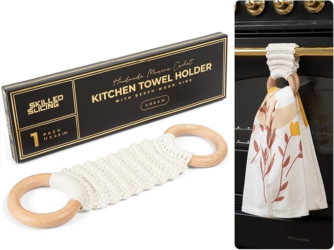 Hanging Kitchen Dish Towel Holder (Handmade Crochet), Decorative Boho Macrame Kitchen Towel Hanger Loop Ring Makes a Unique Gift for Birthday, Thanksgiving, 11 Inches (Cream)