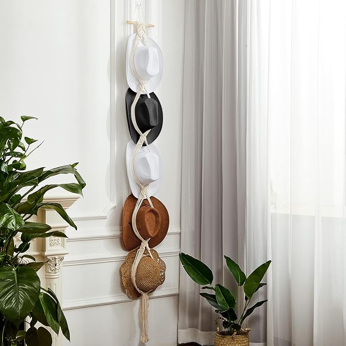 Yulejo Macrame Hat Hangers Boho Hat Rack Cowboy Hat Hanger Back of Door Hat Organizer (White,Five Hats Style)