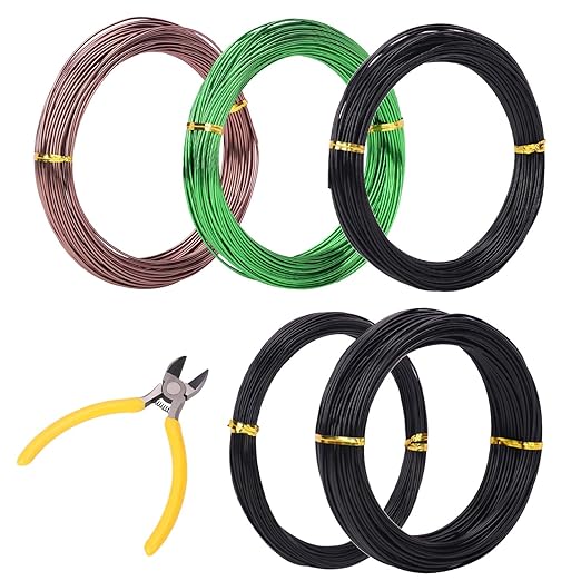 5 Roll 98 Feet Color Aluminum Bonsai Training Wire, Anodized Bonsai Training Wires with Cutter, 1.0mm, 1.5mm, 2.0mm Bonsai Wire for Tree Shaping & Plant Training(490 Feet Total)