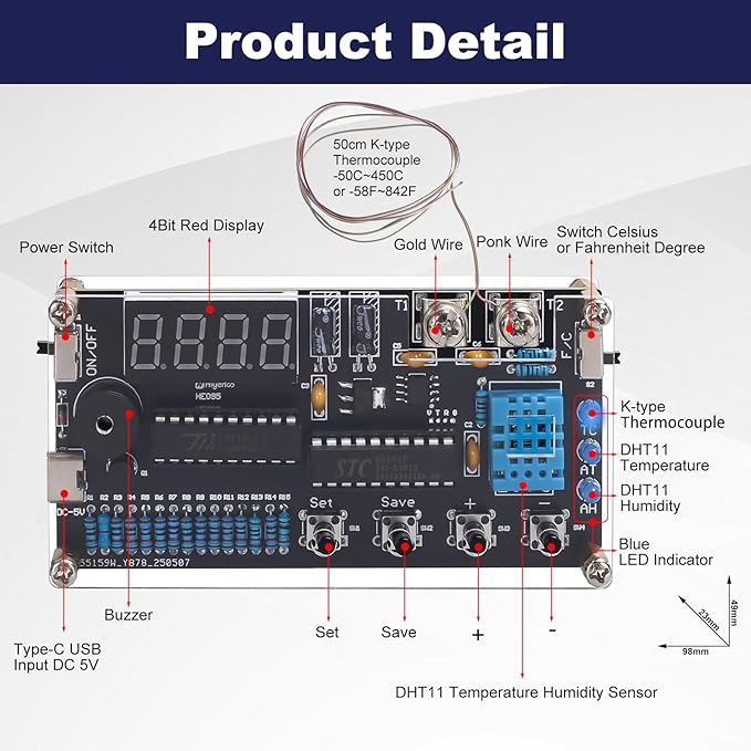 Thermocouple Thermometer DIY Kit, DC 4.5-5V Digital Temperature Humidity Sensor Soldering Project with High Low Temperature Warning -58℉ to 842℉ Thermocouple Soldering Kit for Back to School Education