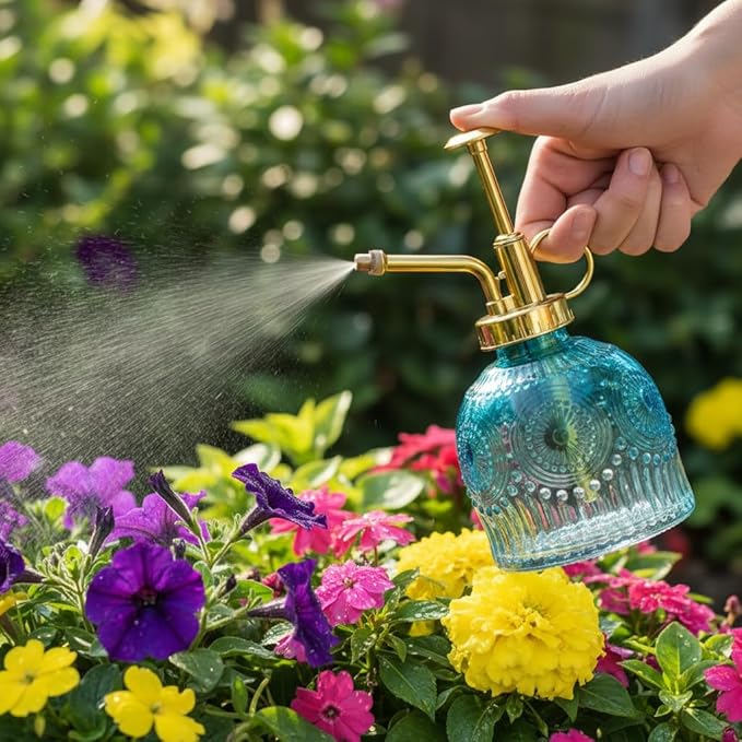 Glass Plant Mister Spray Bottle, 230ML Vintage Plant Spritzer, Succulent Watering Bottle Glass with Top Pump, Small Plants Sprayer Watering Can for Indoor Outdoor House(Blue and White)