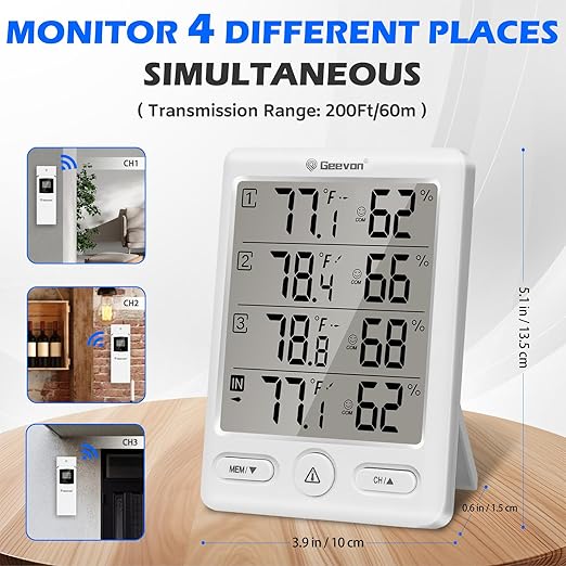 Geevon Indoor Outdoor Thermometer Wireless with 3 Remote Sensors, Temperature Humidity Monitor for Home with Comfort Indicator, Temp Alarm, Digital Hygrometer Thermometer Battery Powered