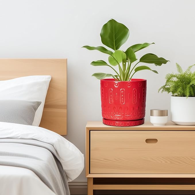 Eightpot Ceramic Plant Pots, 8 Inch Plant Pots Indoor Outdoor, Round Flower Pot with Drainage Hole and Sacuer, Boho Pot for Plants, Decorative Planter, Home Room Bathroom Decor, Garden Gifts, Red