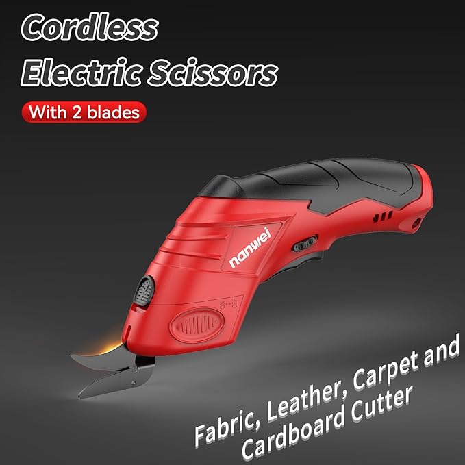 NANWEI Electric Scissors Cordless, Type-C Rechargeable Cardboard Cutter with 2 Blades, 4.2V High‑torque Motor, for Fabric Carpet Leather (Red)