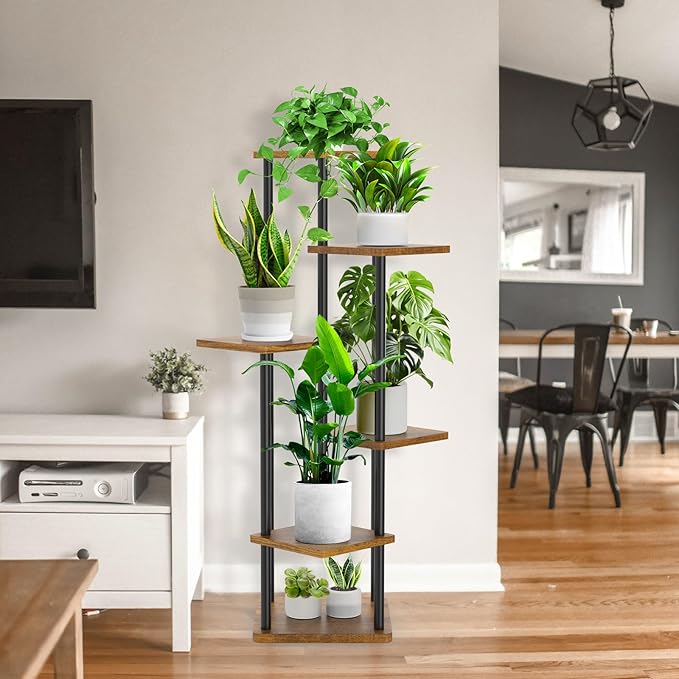 6 Tier Plant Stand Indoor, Thickened Metal Wood Corner Plant Shelf Stands for Multiple Plants, Indoor Tall Plants Stand Tiered Flower Holder for Living Room Patio Garden Balcony(Black+Brown)