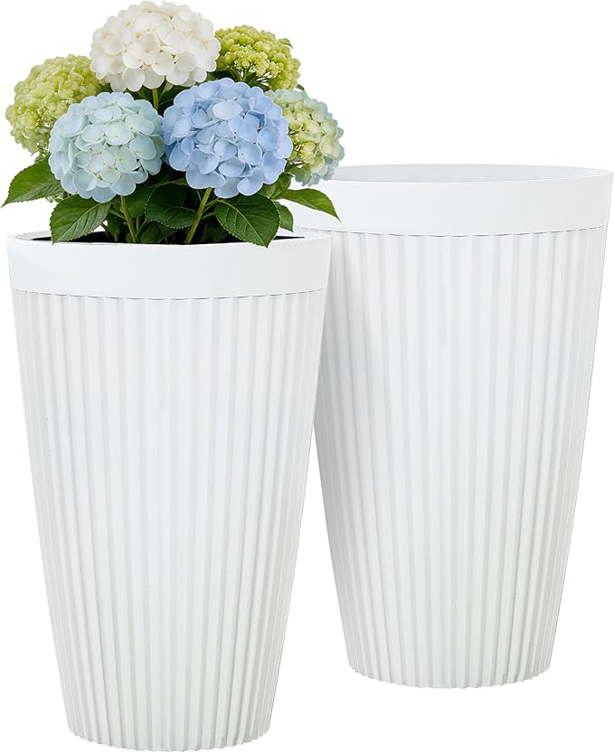 Autodaya 20" Tall Planters Set of 2, High-Density Resin Fluted Outdoor Pots for Plants, Versatile Indoor/Outdoor Flower Pots w/Drainage Holes for Patio, Garden, Porch & Living Room Decor, Ideal Gift
