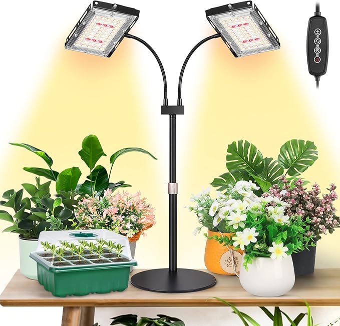 LBW Grow Light for Indoor Plant,Full Spectrum Dual Heads Desk Plant Light,Grow Lamp with 3H/6H/12H Timer,6-Level Brightness,3 Lighting Mode,Height Adjustable,Flexible Gooseneck,Ideal for Indoor Growth