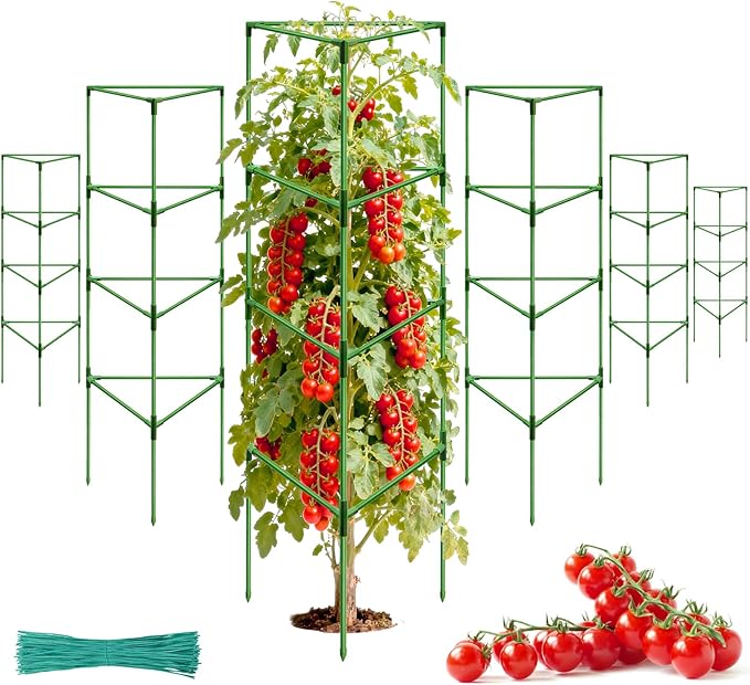 Halatool 6 Pack Heavy Duty Tomato Cages, 57 Inch Tall Metal Plant Supports Stakes for Outdoor Garden, Adjustable Foldable Steel Trellis for Climbing Plants Cucumbers Peppers Flowers Vegetables Fruits