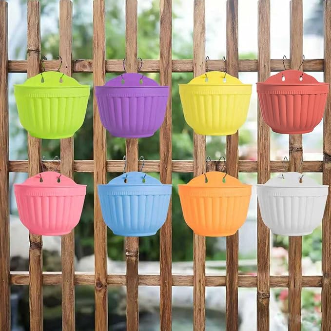 8 Pack Hanging Planters Wall Planters for Indoor Outdoor Plants, Colorful 8 inch Plant Pot with Drainage Hole, balcony planter railing hanging Pot, Plant Wall Mount Home Décor with Accessaries