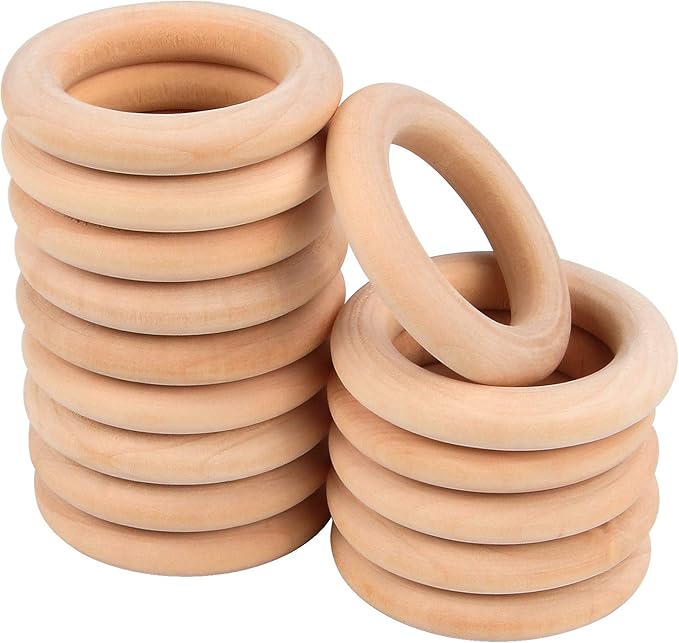 15 Pcs Macrame Wooden Rings, Natural Unfinished Solid Wood Rings for DIY Craft Pendant Connectors (55 mm)