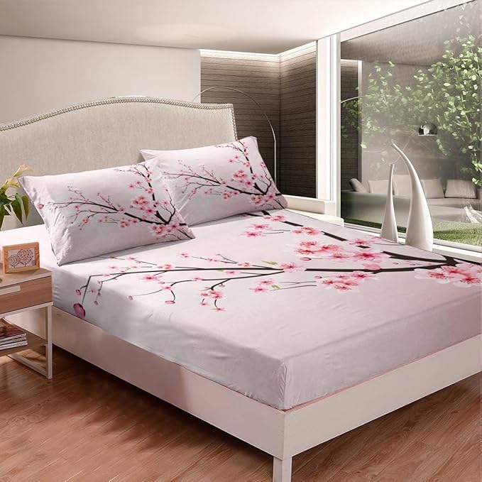 Feelyou Girls Twin Sheets Cherry Blossom Floral Bed Sheet Set for Kids Women Teens Bedroom Super Soft Flowers Pink Decor Bedding Set (1 Flat Sheet,1 Deep Pocket Fitted Sheet, and 1 Pillow Case)