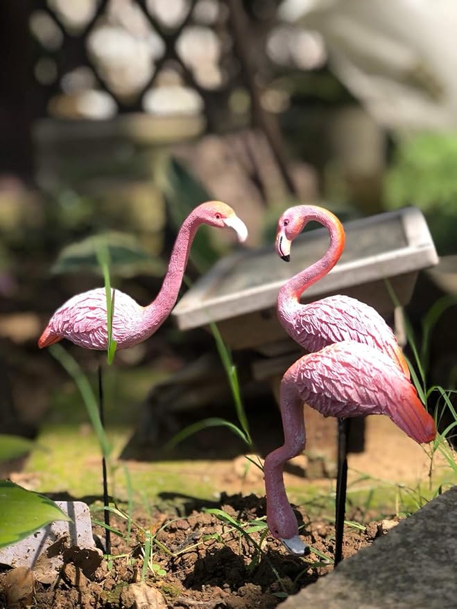 MUAMAX Miniature Flamingo Picks 2 Pack Fairy Garden Accessories Pink Miniature Garden Flamingo Figurines Decorative Plant Stakes for Pots Ornaments