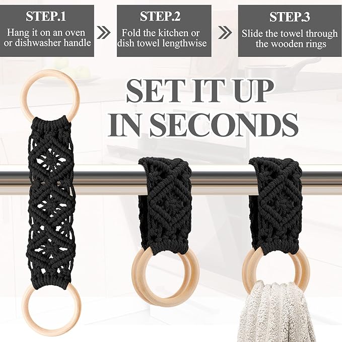 Tioncy 4 Pcs Kitchen Dish Towel Holder Mother's Day Gifts Boho Handmade Crochet Hanging Towels Loop Ring Knit Towel Hanger for Cabinet House Oven Stove Door, 4 Colors(Gray)