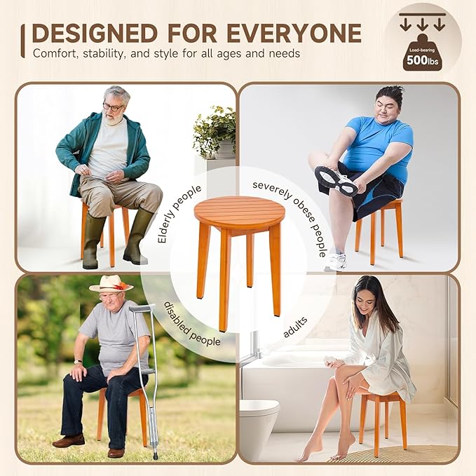 Round 16 Inch Bamboo Waterproof Shower Bathroom Stool Chair, Duty Wooden Bath Corner Shaving Legs Bench Seat (Honey Bamboo, XL)