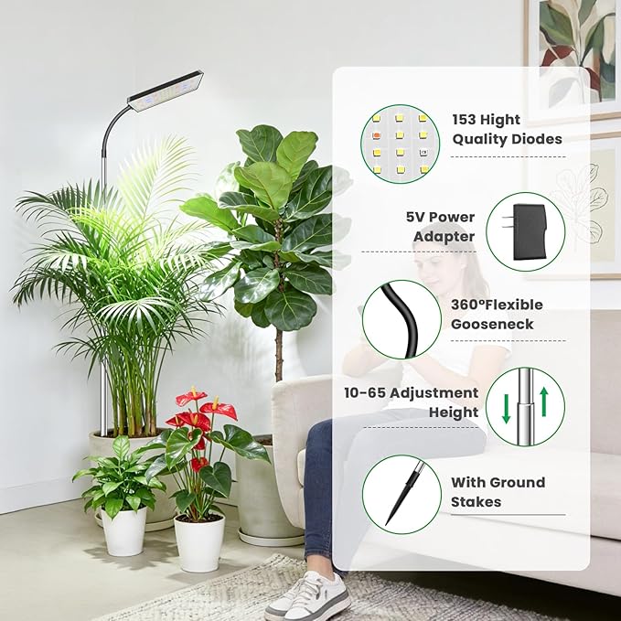 Grow Lights for Indoor Plants,153 LEDs Full Spectrum Plant Light, Plant Growing Lamp with 6/12/16 Timer, 5 Dimmable Levels,360° Gooseneck, 10''-65'' Adjustable Height for Small/Large Plant.