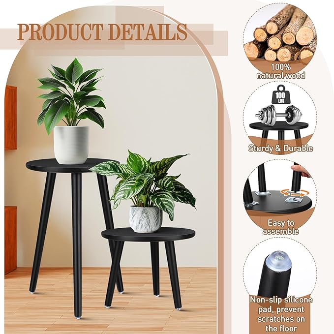 Briwooody 2 Pcs Indoor Plant Stand Mid Century Vintage Wood Modern Flower Pots Holder Round Side Table End Table Plant Stools for Living Room Corner Balcony Decor(Black)