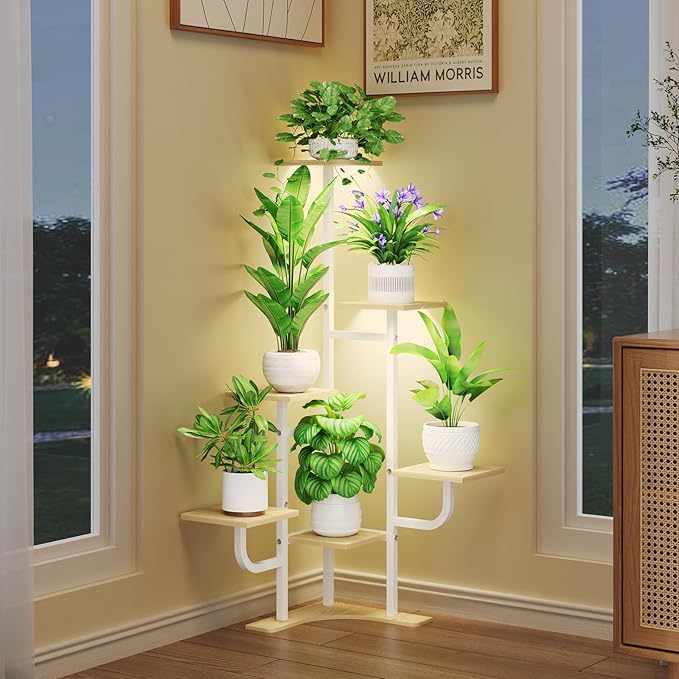 Homsorout Corner Plant Stand with Grow Light - 6 Tier Plant Stand Indoor Square Metal Plant Shelf with Adjustable Light, Plant Organizer for Living Room, Graden, Home Decor (Maple)