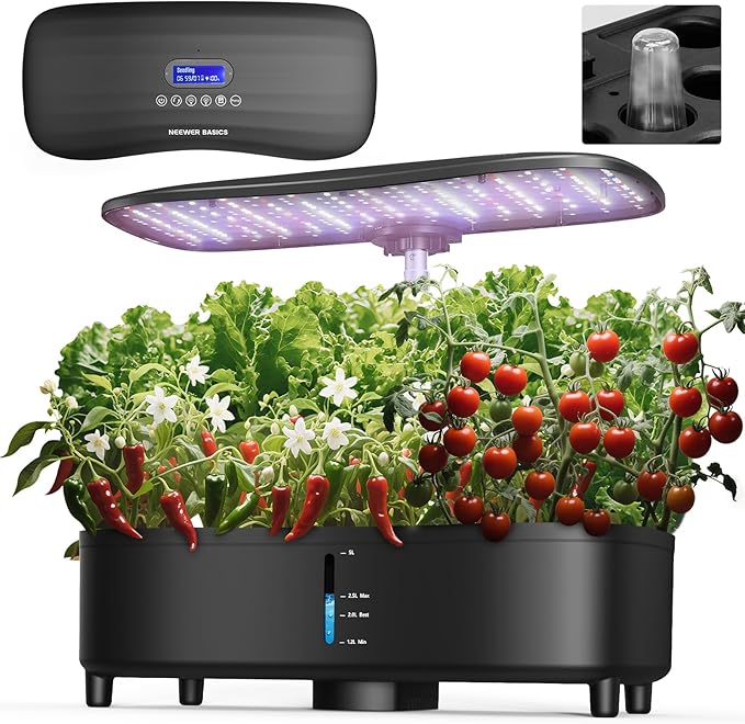 NEEWER Basics Silent Aeroponics Growing System Kit, Hydroponics with Atomization Tech LED Grow Light 3 Modes 15 Seed Pods Timer LCD, Indoor Gardening Plant Food Vegetable Herb Garden Planter, HGS02