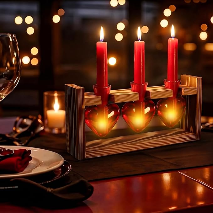 Remerry Red Heart Plant Terrarium with Wooden Stand 3 Heart Glass Vases Planter, Tabletop Propagation Hydroponics Station, Mother's Day Plant Lovers Gift