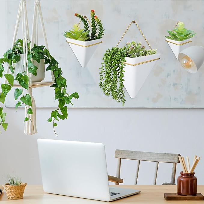 Rtteri 30 Pcs Fake Wall Planters with Artificial Plants for Indoor Wall Planter with Faux Plants Geometric Vase Pot (8.2/5.9/4 Inch) Ceramic Holder and Artificial Succulent for Home Office
