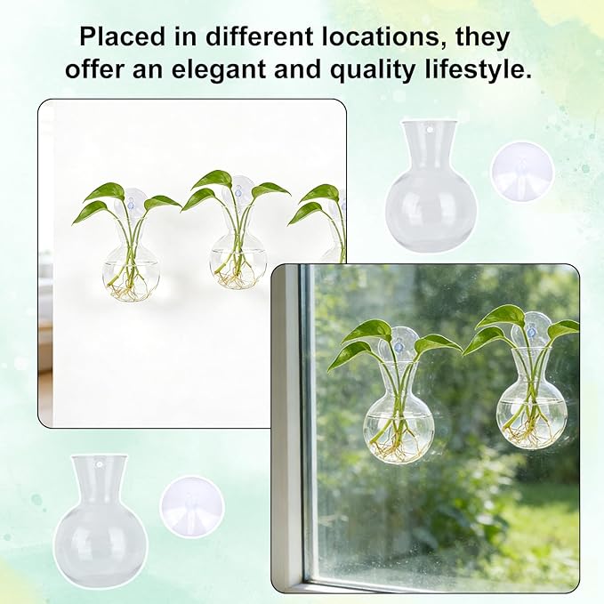 Penitue 8pcs Window Propagation Station, Plastic Bulb-Shaped Plant Propagation Vases with Suction Cups Easy to Install Wall Hanging Planters Window Plant Holder for Indoor Office Home Decor (Clear)