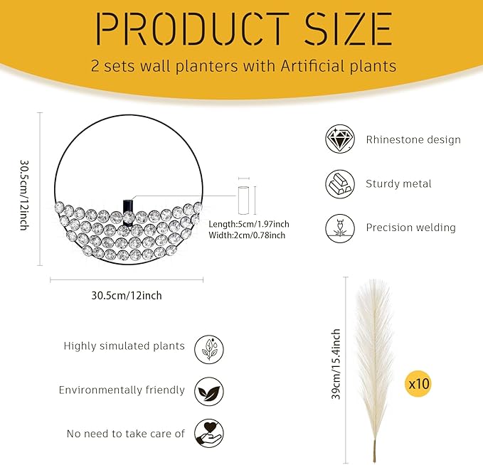 2 Pcs Boho Wall Decor Hanging Planters with Artificial Pampas Bling Jeweled Wall Mounted Metal Decor Modern Home Decor Display Wall Art for Bedroom Bathroom Living Room