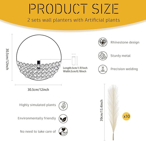 2 Pcs Boho Wall Decor Hanging Planters with Artificial Pampas Bling Jeweled Wall Mounted Metal Decor Modern Home Decor Display Wall Art for Bedroom Bathroom Living Room