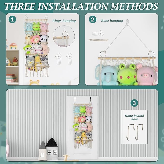 42cm Wide Over the Door Stuffed Animal Storage Hammock Corner Wall Hanging Storage Holder Boho Macrame Plush Toy Organizer Net for Stuffed Animal (Beige)
