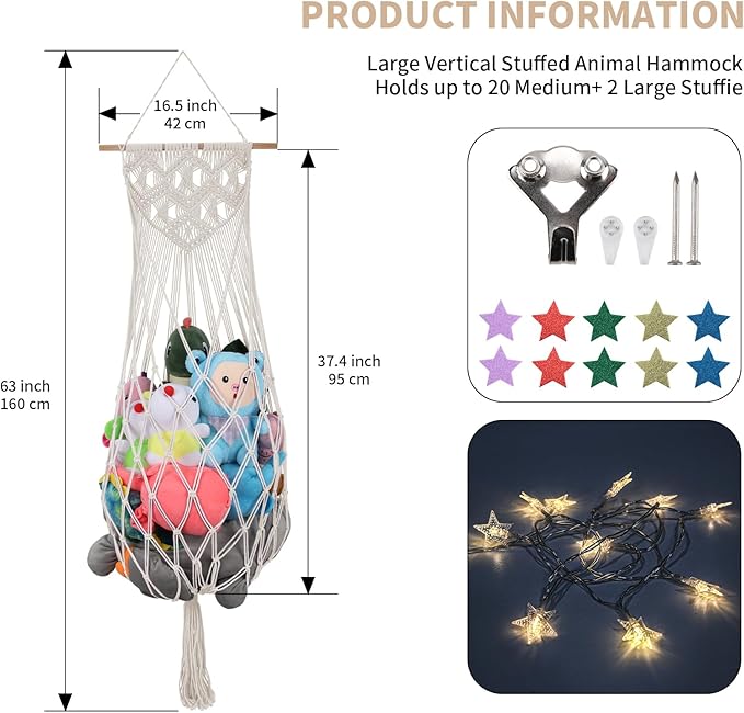 63 Inch Jumbo Stuffed Animal Storage w/ LED Star Light, Toy Hammock Wall Ceiling Over Door Hanging Organizer for Nursery Stuffy Plushie, Cream Stuffed Animals Hammock Corner for Kid Girls Boys Gift